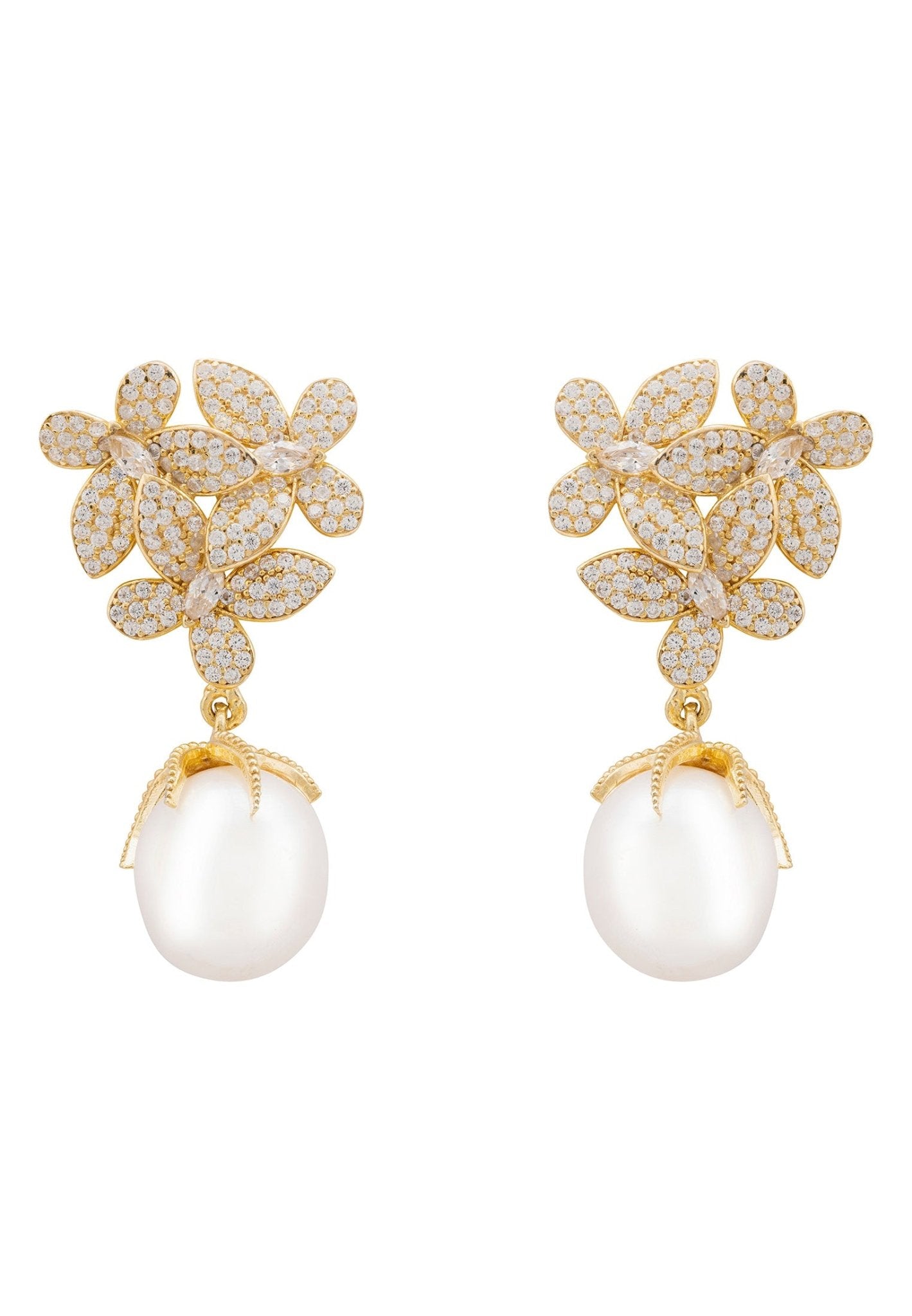 Flowers Pearl Earrings Gold White