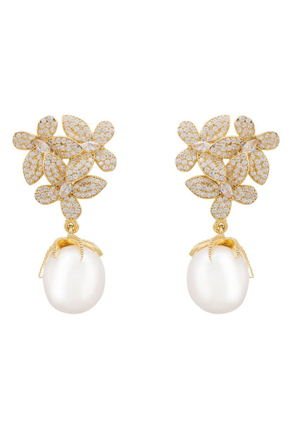 Flowers Pearl Earrings Gold White