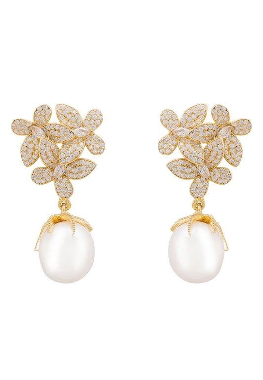 Flowers Pearl Earrings Gold White