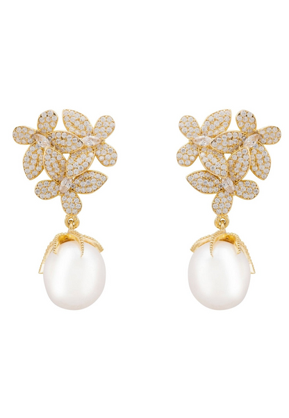 Flowers Pearl Earrings Gold White