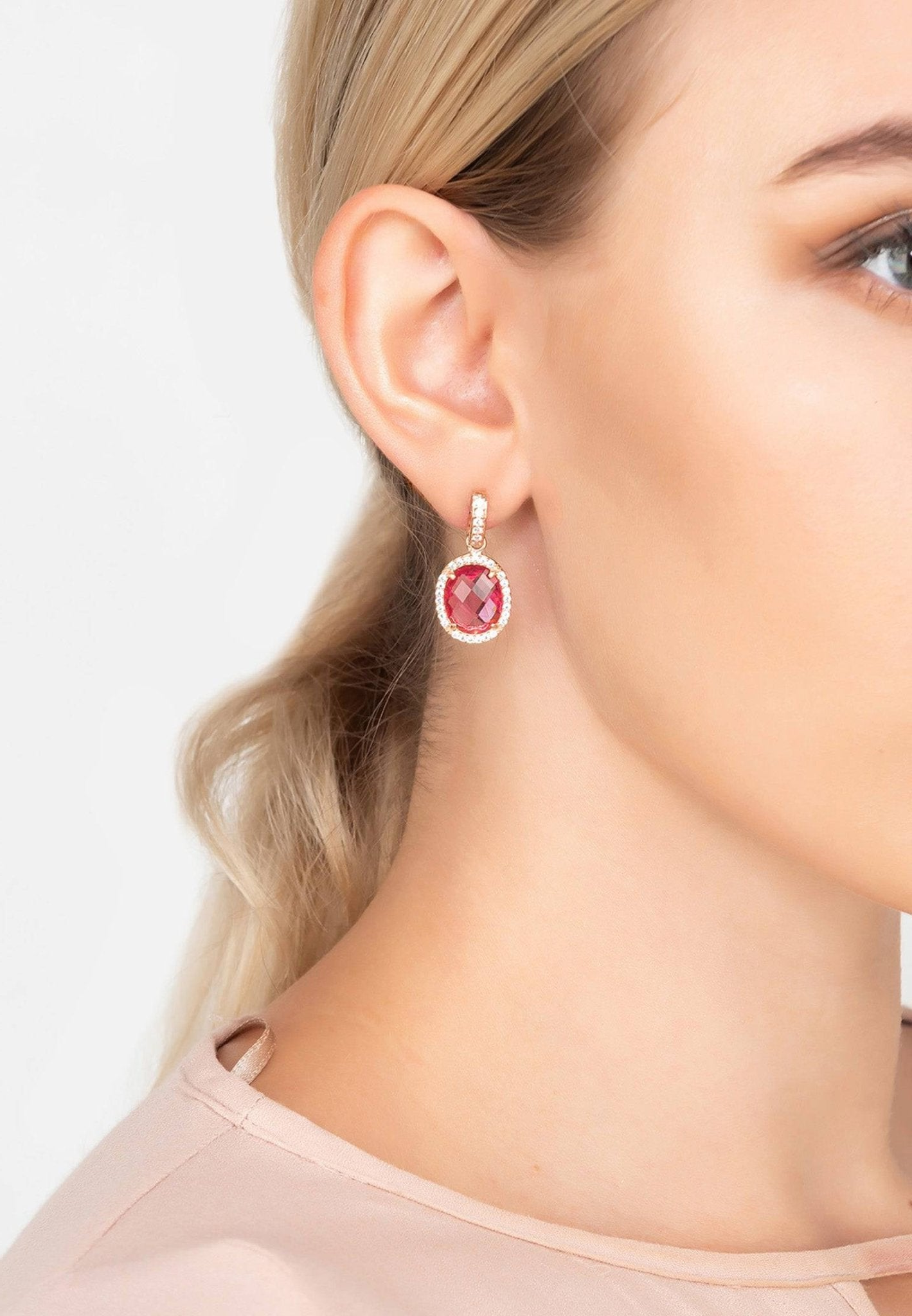 Pink Tourmaline Oval Gemstone Drop Earrings Rose Gold