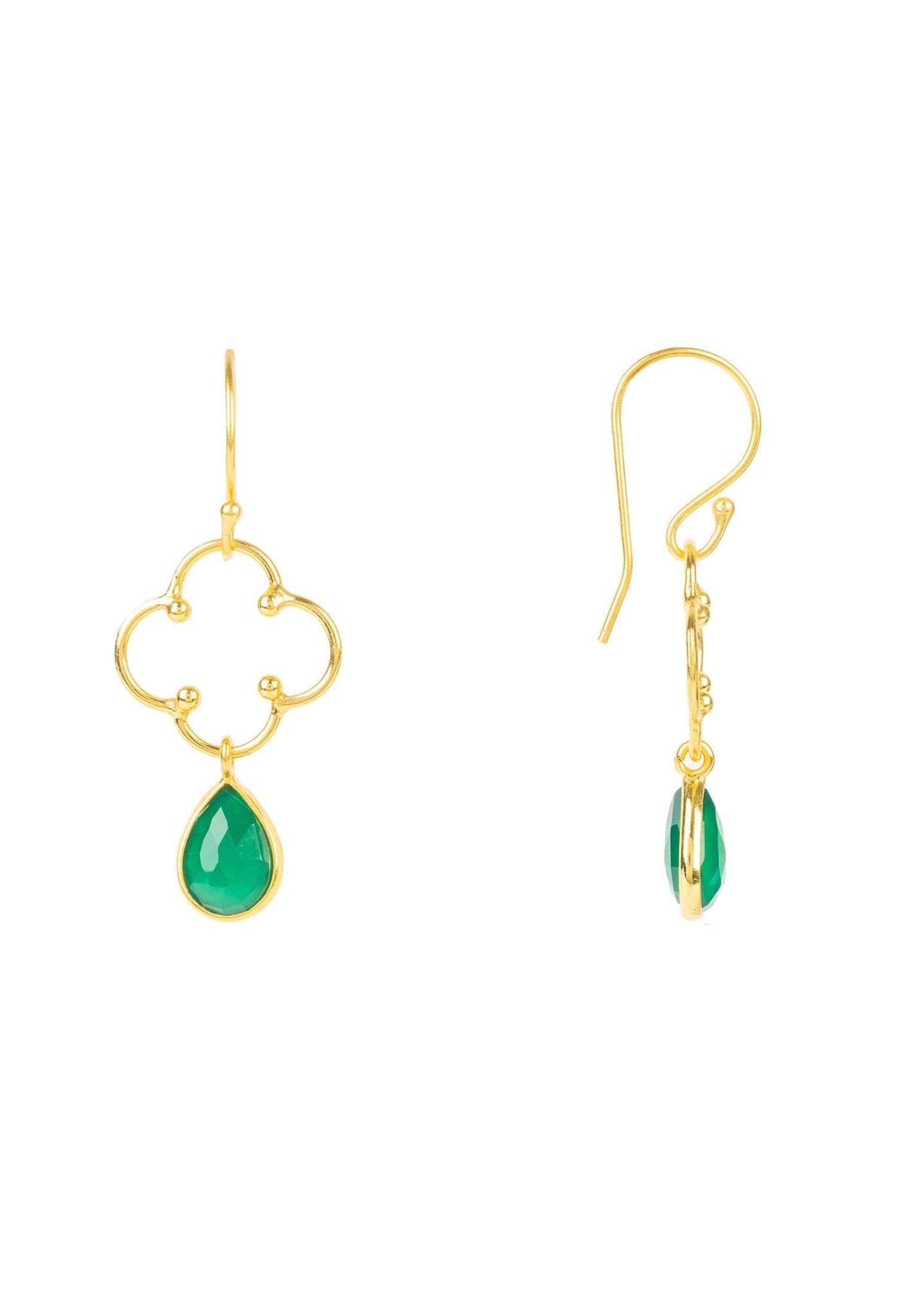 Green Onyx Gemstone Drop Earrings with Clover Design