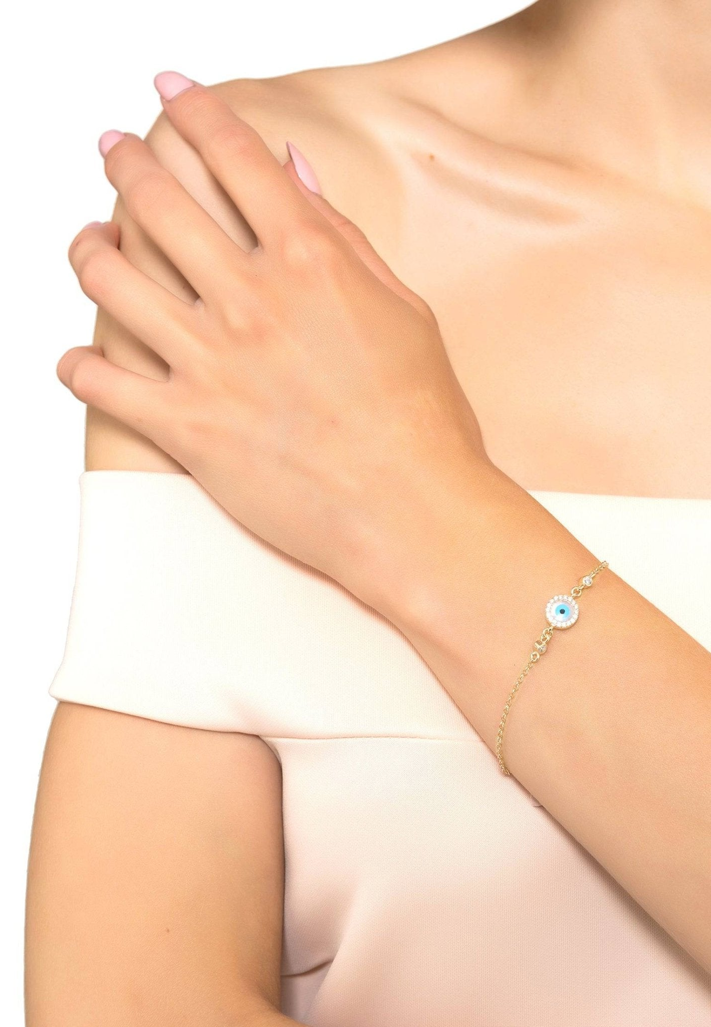 Evil Eye Round Mother of Pearl Gemstone Bracelet Gold