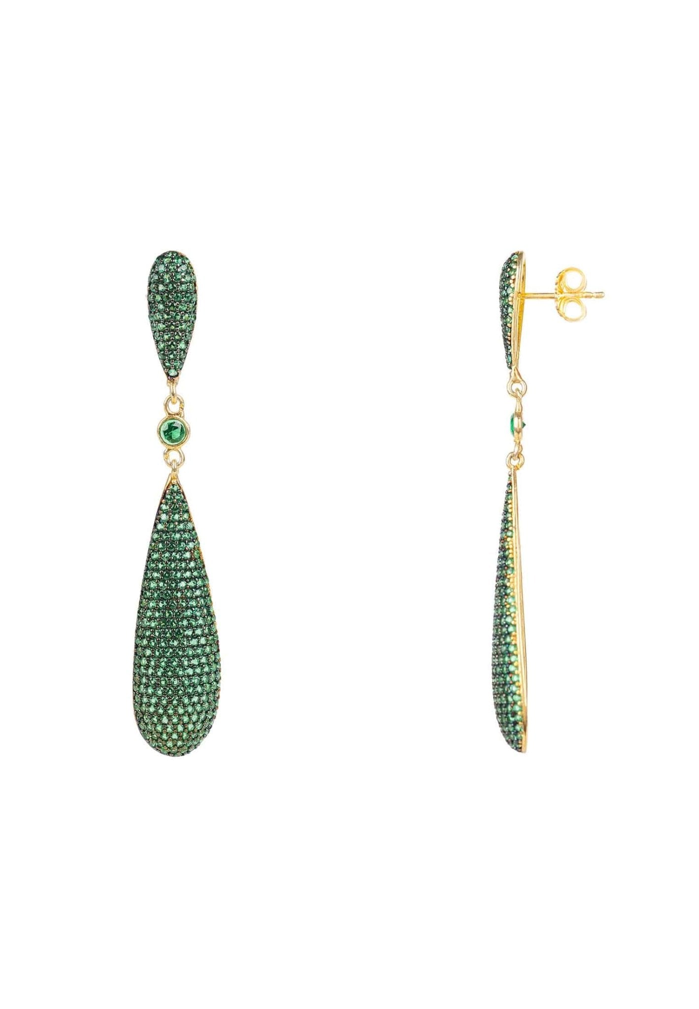 Long drop earrings with emerald green cubic zirconia