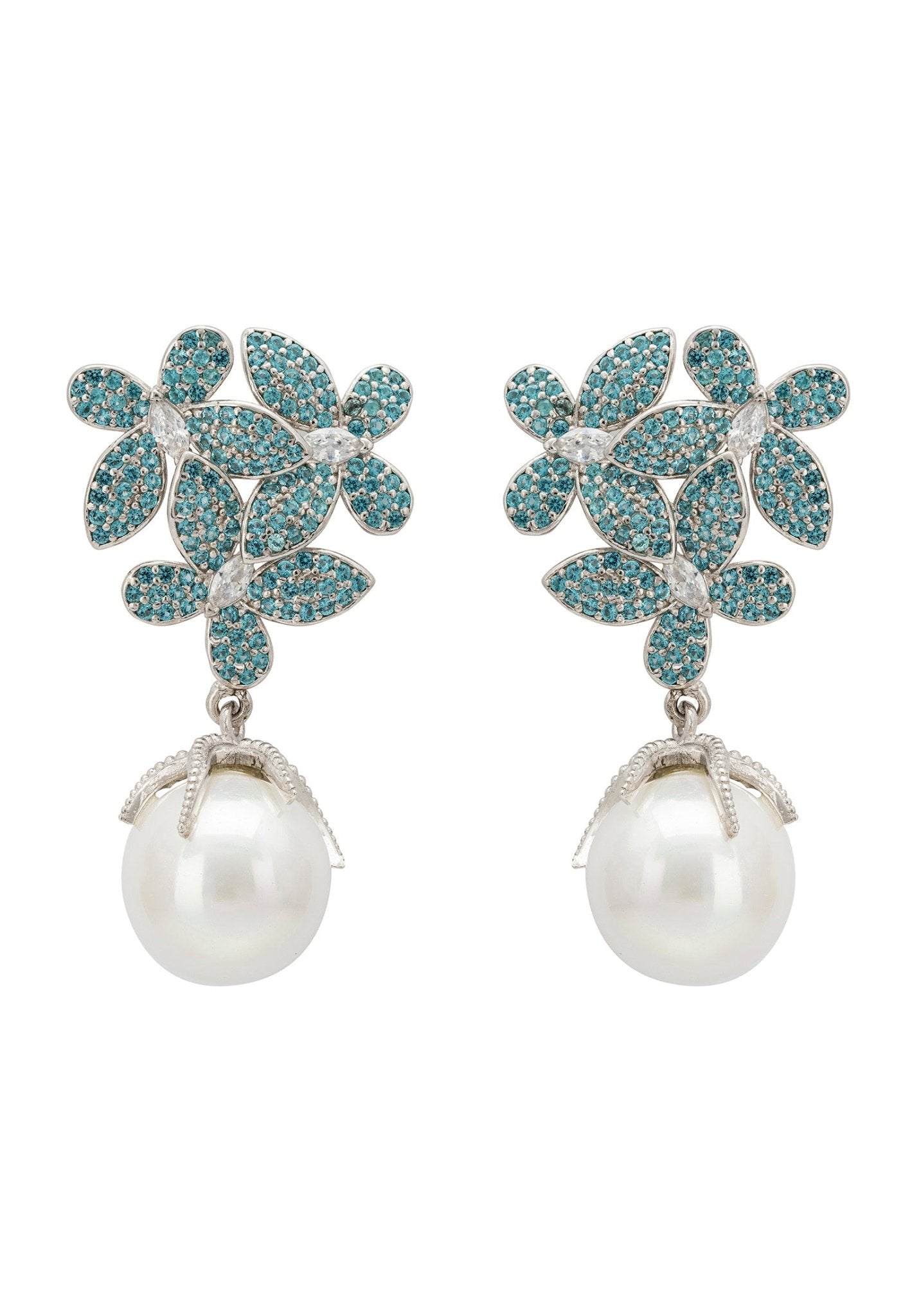 Aqua Green Flower Pearl Earrings