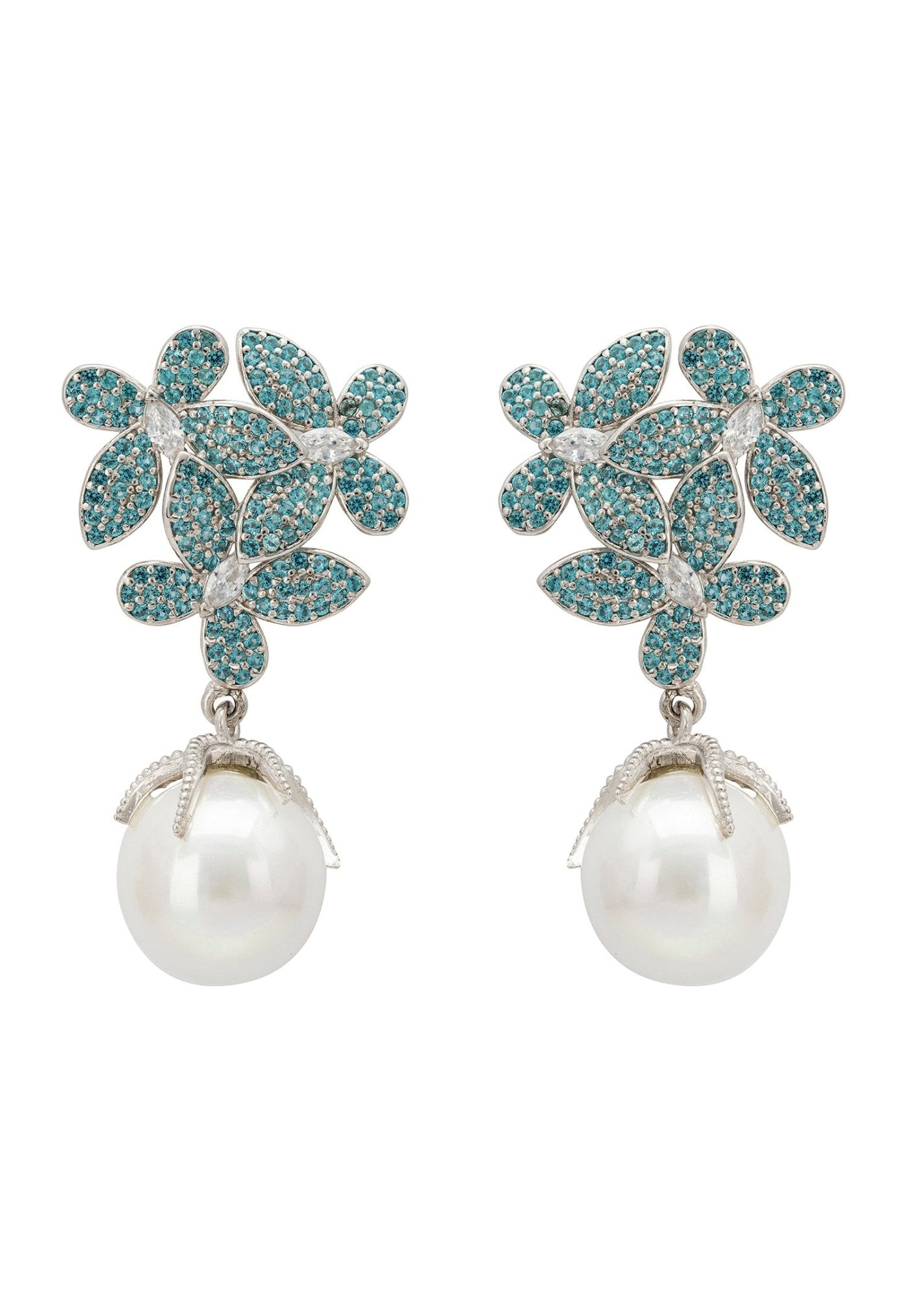 Aqua Green Flower Pearl Earrings