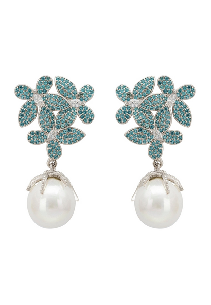 Aqua Green Flower Pearl Earrings