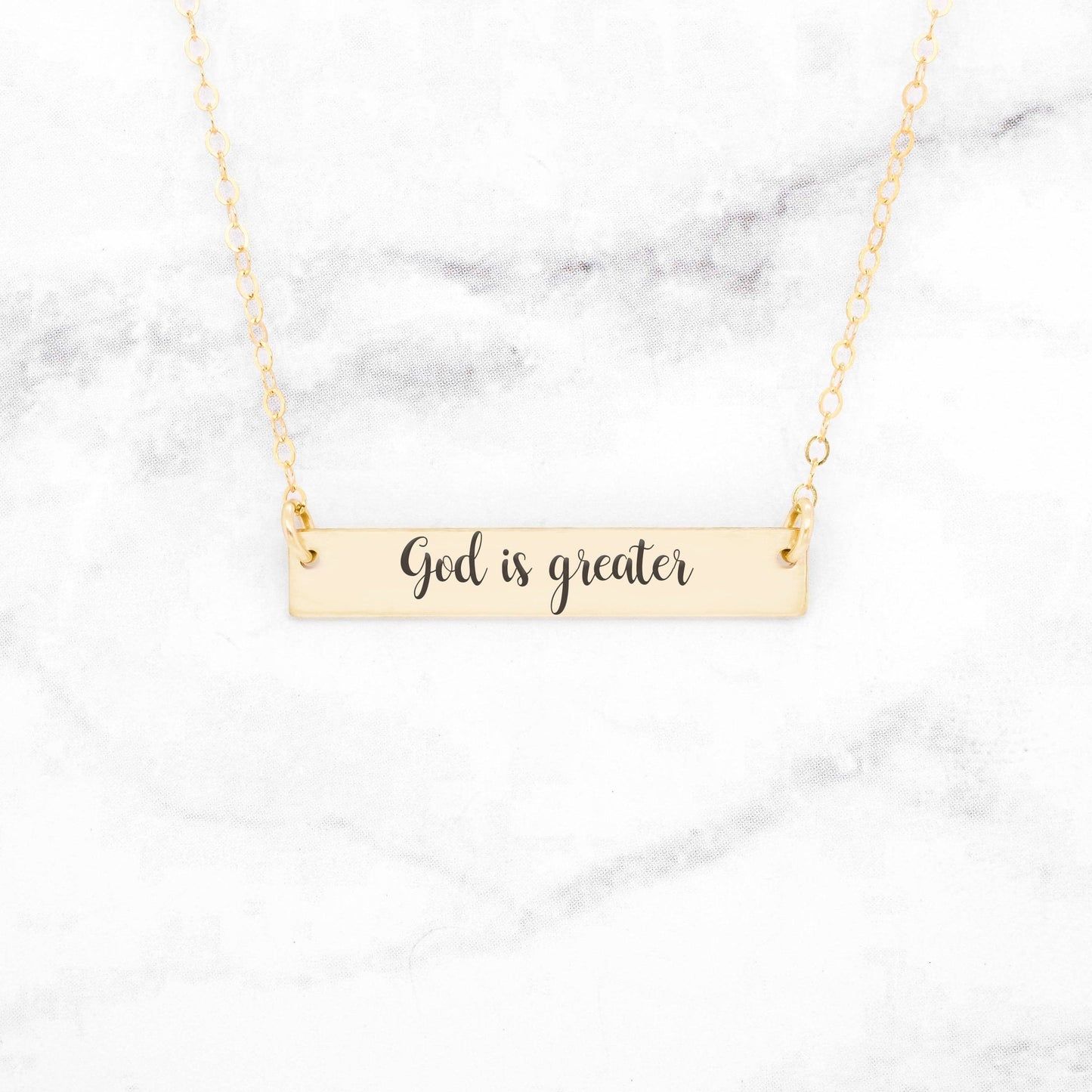 Gold Bar Necklace with God Is Greater Engraving
