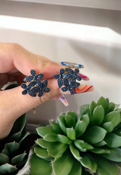 Flowers Large Stud Earrings Sapphire Blue Gold