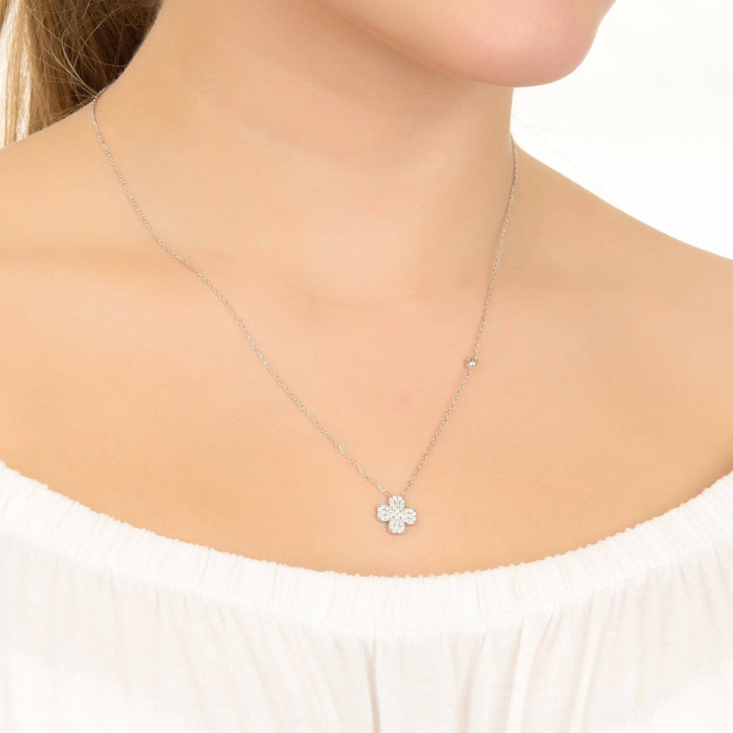 Four Leaf Clover Necklace in Sterling Silver with White Zirconia