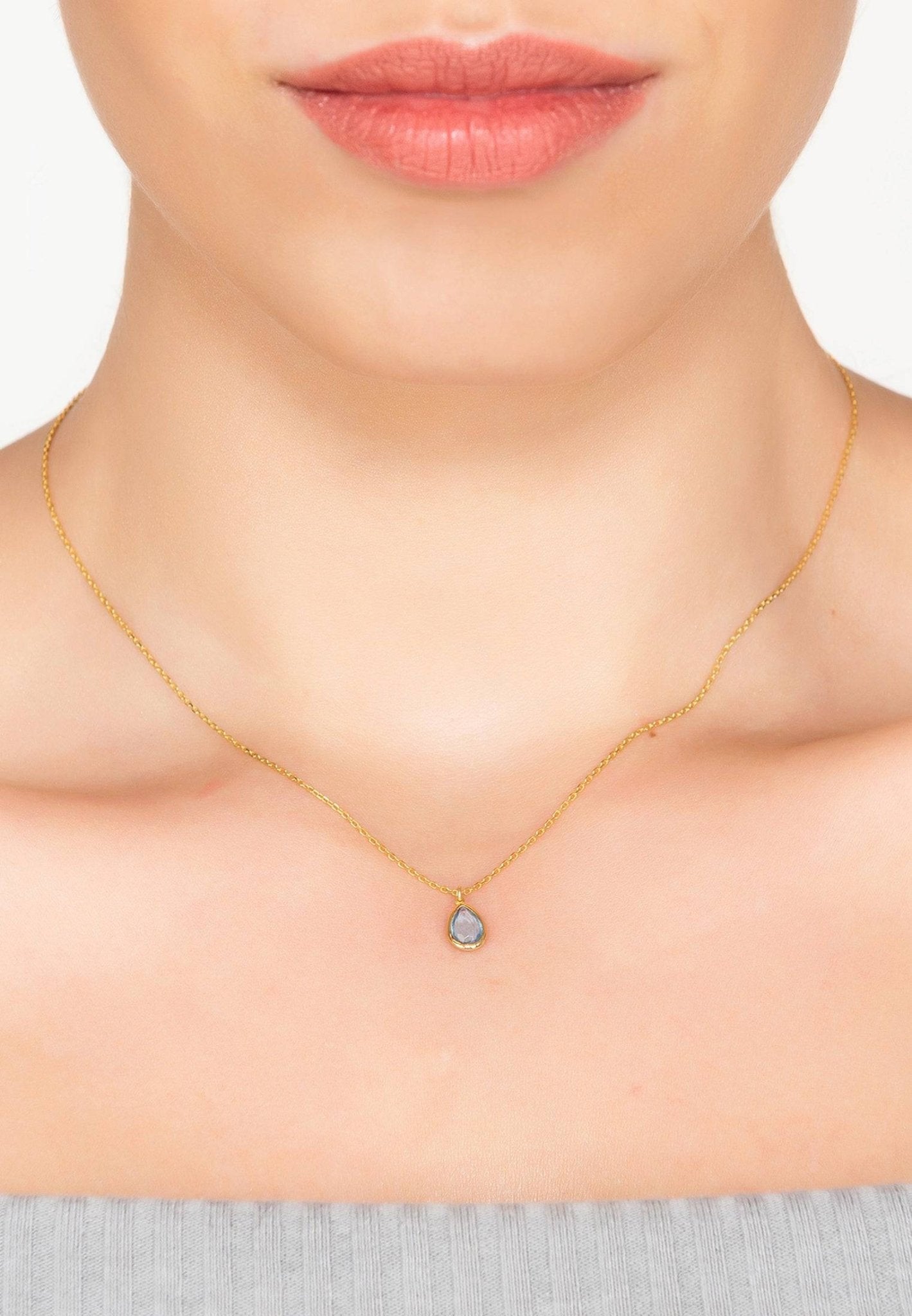 Gold Blue Topaz Teardrop Necklace