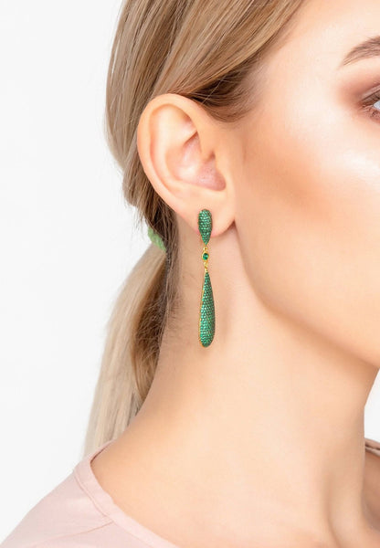 Long drop earrings with emerald green cubic zirconia