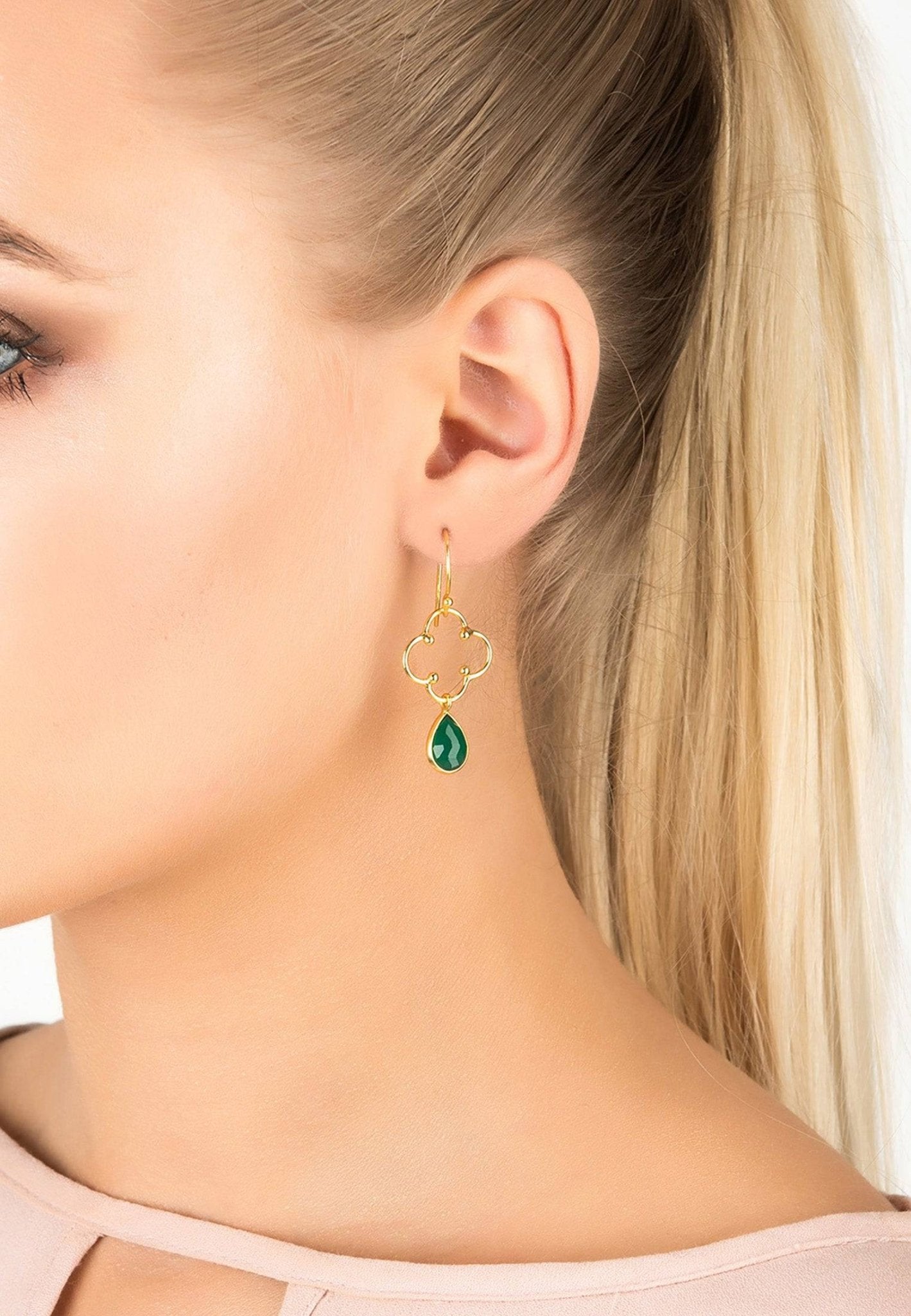 Green Onyx Gemstone Drop Earrings with Clover Design