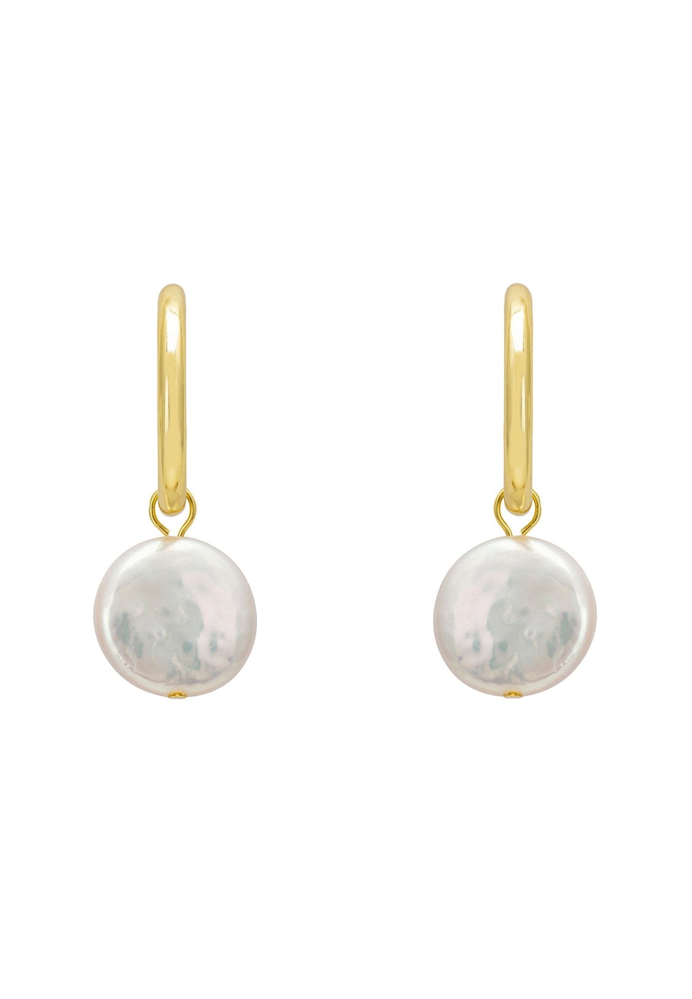 Gold hoop earrings with dangling coin pearl
