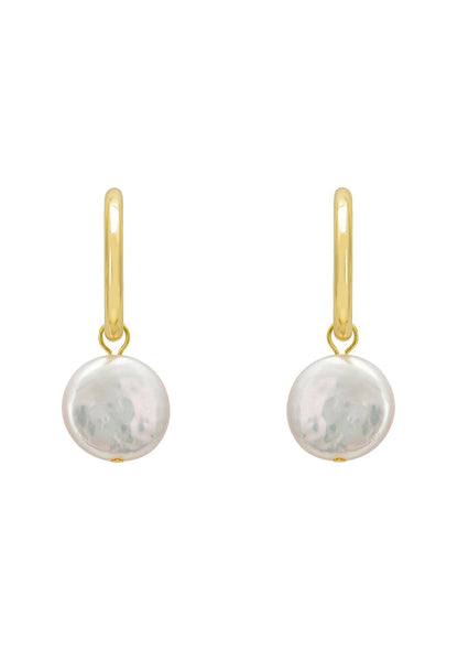 Gold hoop earrings with dangling coin pearl
