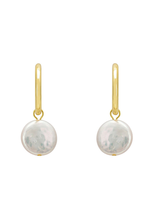 Gold hoop earrings with dangling coin pearl
