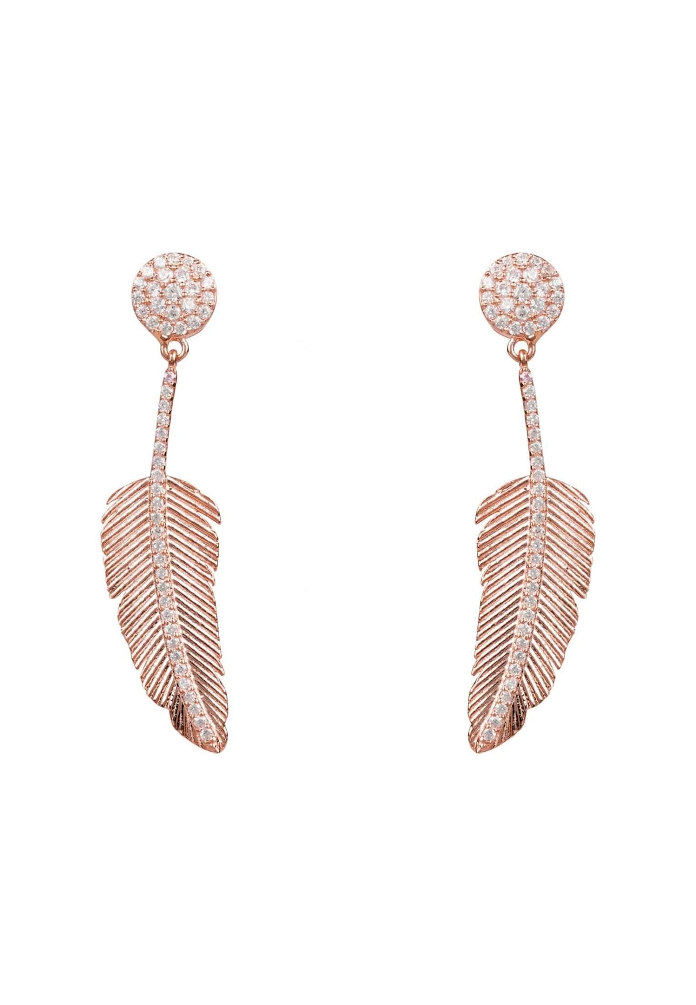 Rose Gold Feather Drop Earrings with Cubic Zirconia