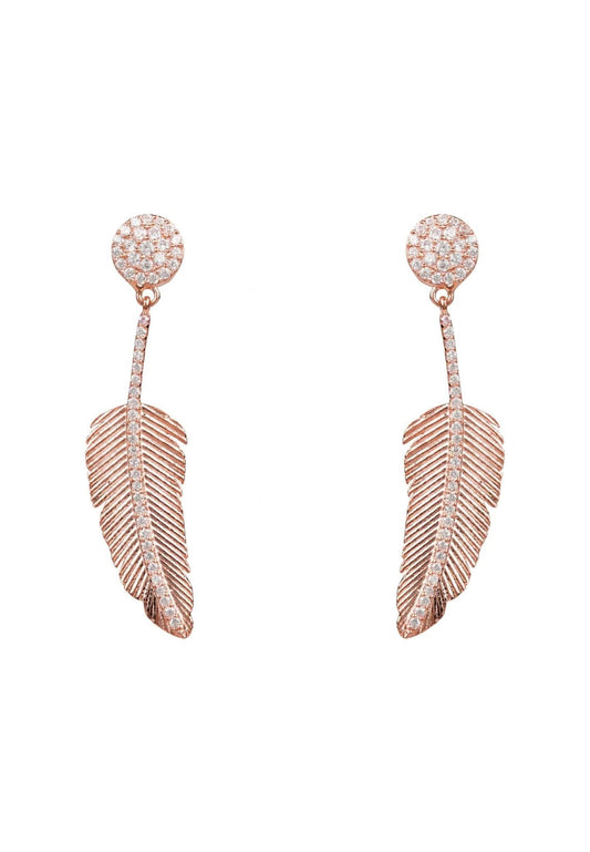 Rose Gold Feather Drop Earrings with Cubic Zirconia