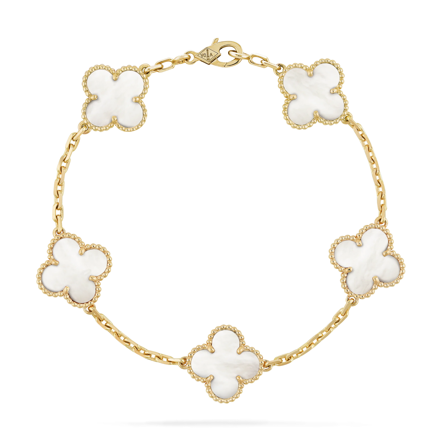 Gold bracelet with white flower-shaped links on a white background