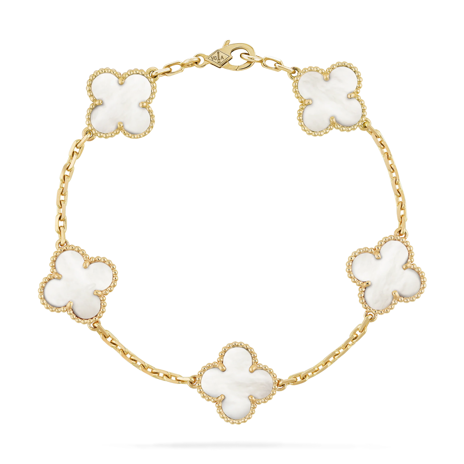 Gold bracelet with white flower-shaped links on a white background