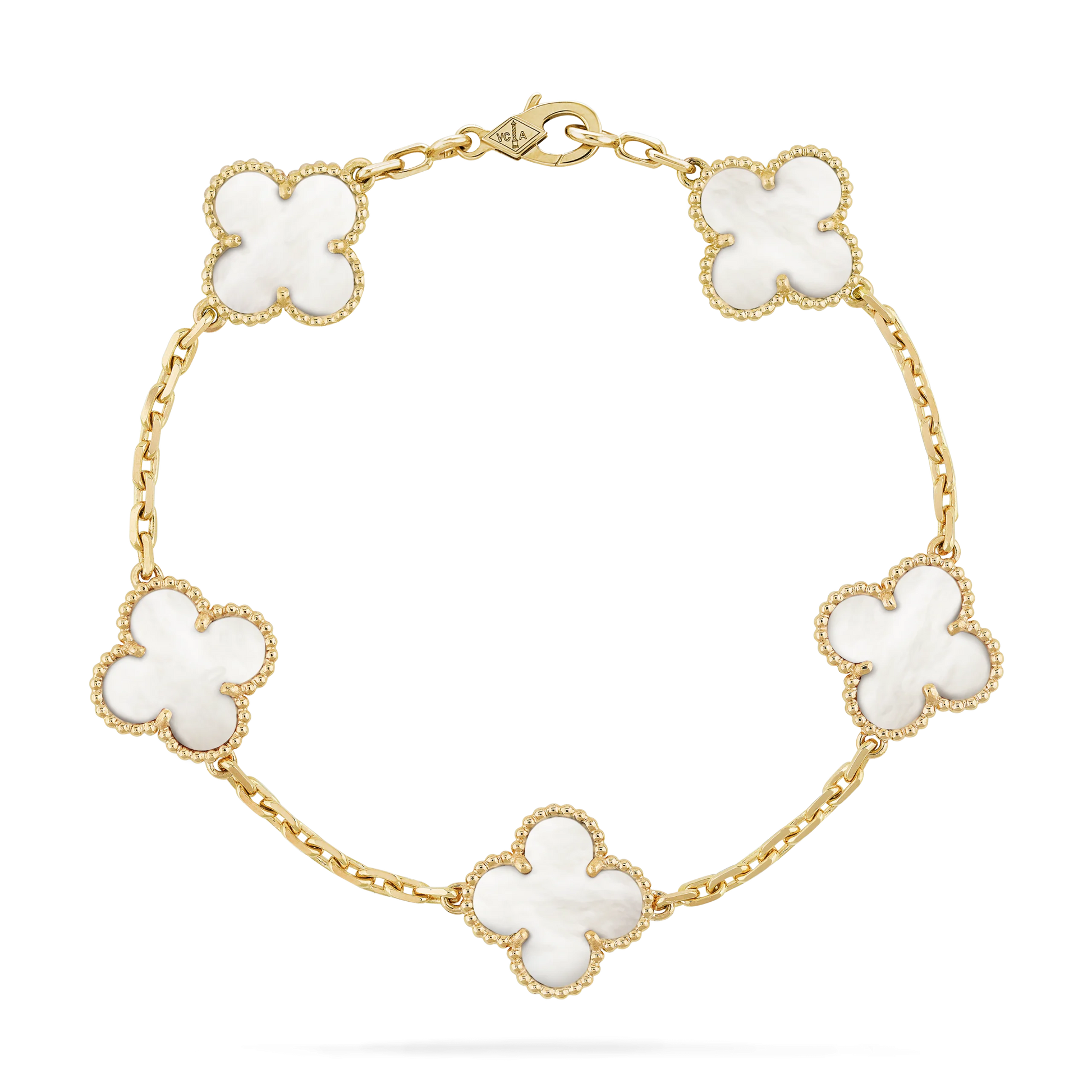 Gold bracelet with white flower-shaped links on a white background